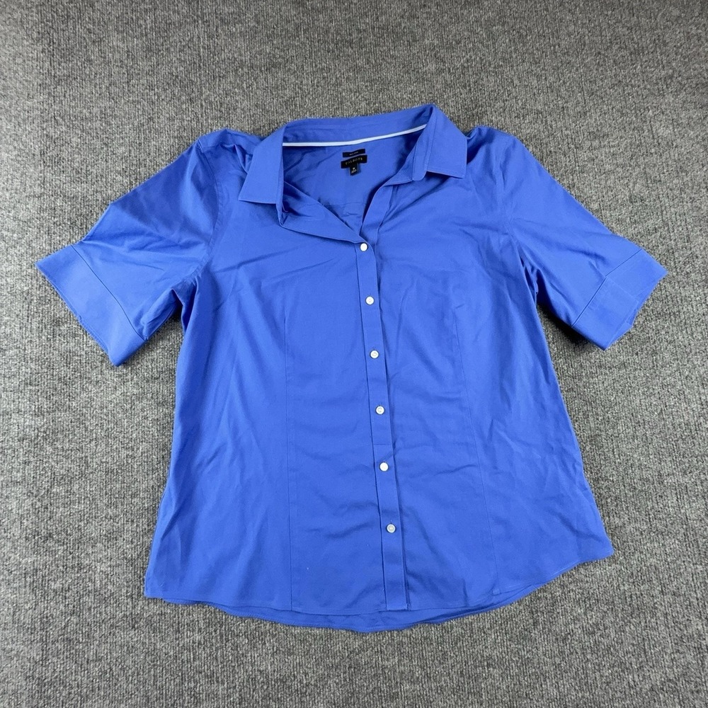 Talbots Womens 16 Blue Non Iron Stretch Button Front Short Sleeve Top CA23147